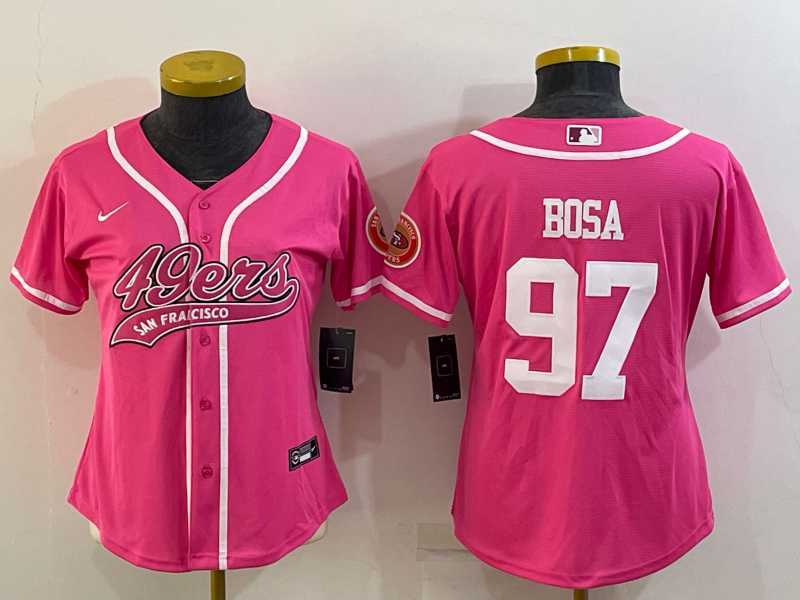 Womens San Francisco 49ers #97 Nick Bosa Pink With Patch Cool Base Stitched Baseball Jersey->women nfl jersey->Women Jersey